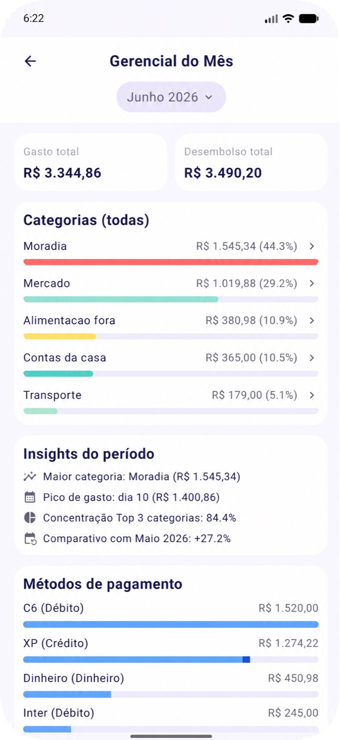 Tela gerencial do Indephi com análise mensal por categoria