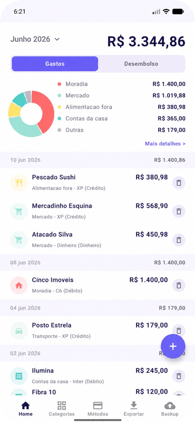 Tela inicial do Indephi com resumo do mês, categorias e lista de gastos
